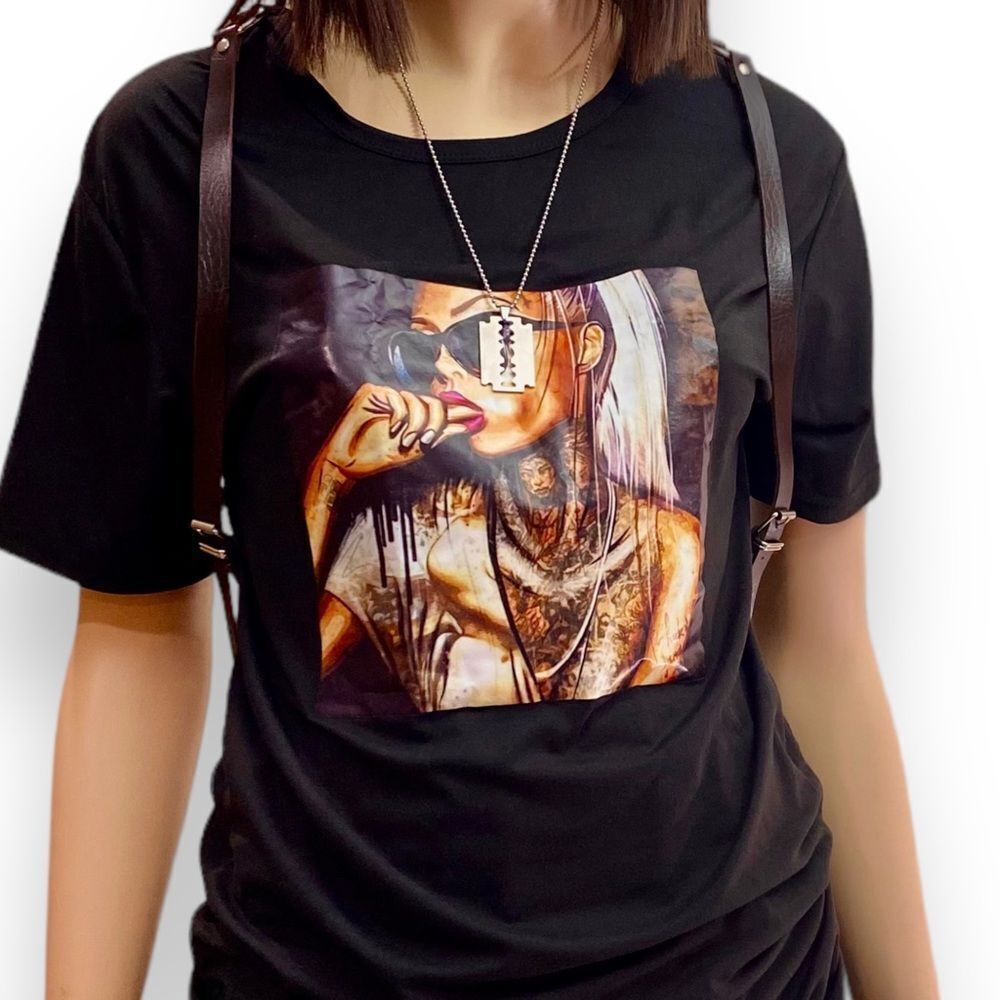Black Short Sleeve Edgy Graphic Tee T Shirt NEW
